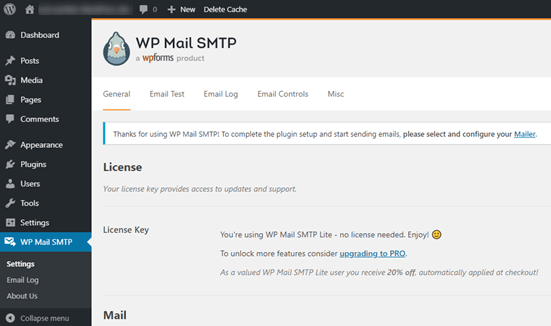 WP Mail SMTP Setting page in your wordpress dashboard 