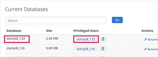 Database name and username 